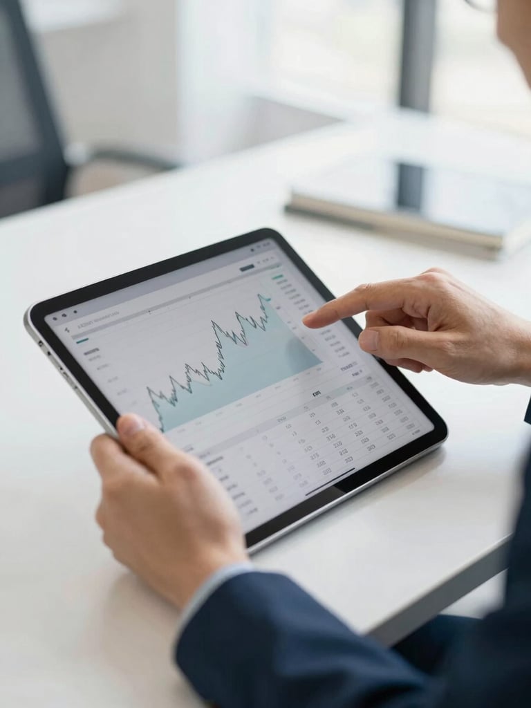 Close up of hands analyzing financial data on a tablet screen in a bright modern office, clean navy and slate tones, shallow depth of field