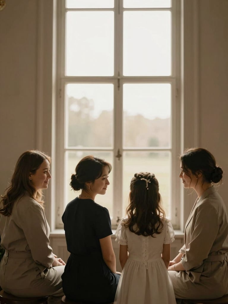 Discreet warm interactions between professional caregivers and children in formalwear, soft golden-hour window light, muted neutral tones