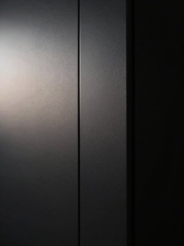 Extreme close-up of a matte black architectural wall panel, razor-thin silver seam running vertically off-center, dramatic chiaroscuro side-lighting from the left casting a deep shadow gradient across the surface, near-total darkness on the right edge, no human presence, no text