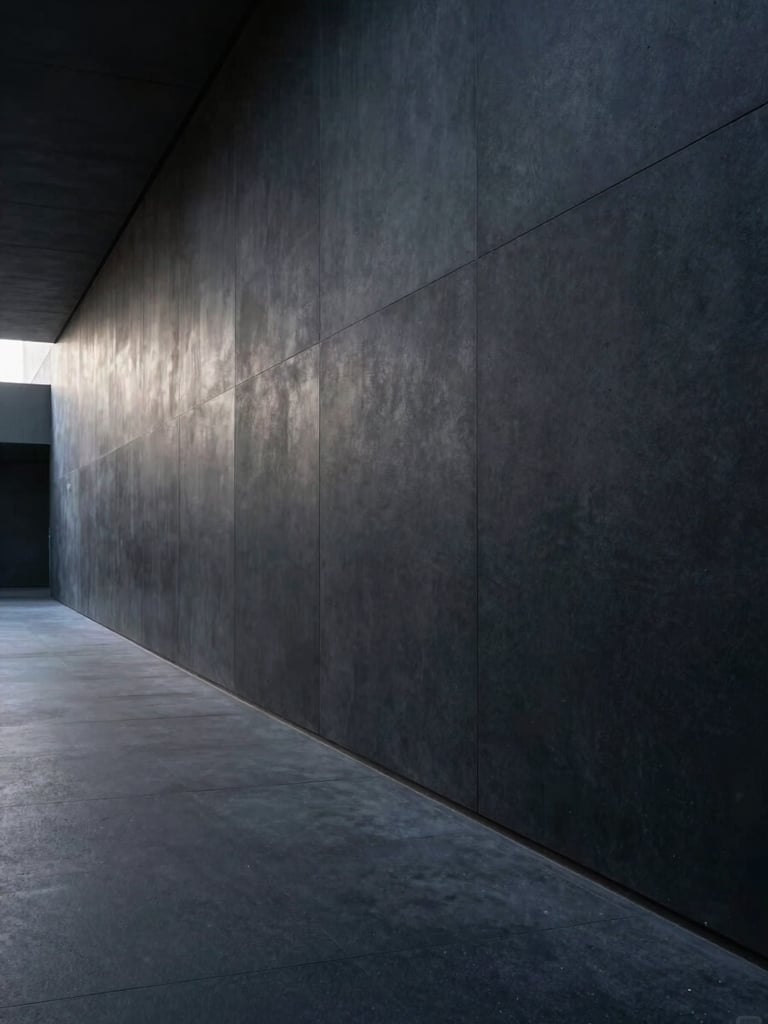 Wide architectural interior corridor, matte charcoal walls receding into deep darkness on the right, a sliver of cold ambient light entering from the far left, floor-to-ceiling emptiness, no people, cinematic stillness