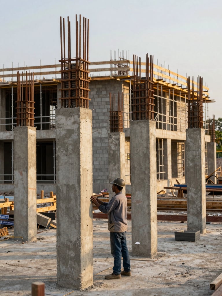 Environmental wide shot of a building site in Comoros, a technician inspecting freshly poured concrete columns in the foreground, scaffolding and block walls mid-construction behind, soft golden afternoon light, no workers posing