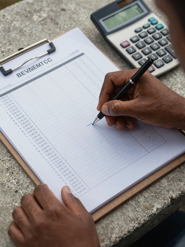 Overhead close-up of a hand-written quantity surveying worksheet on a clipboard, material cost figures visible, a calculator beside it, resting on a rough concrete surface under natural outdoor daylight in Comoros