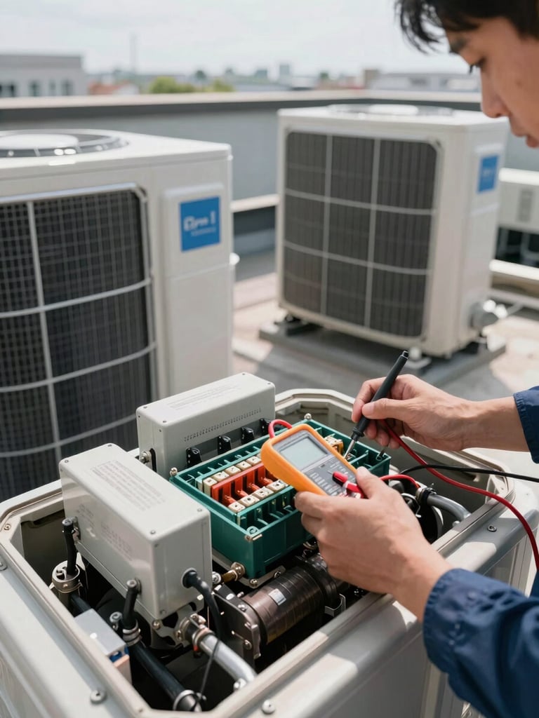 Wide shot of an open rooftop HVAC unit interior showing evaporator coils and electrical components, technician's hands visible with a multimeter probe testing a terminal block, bright daylight from above, mechanical detail fills the frame
