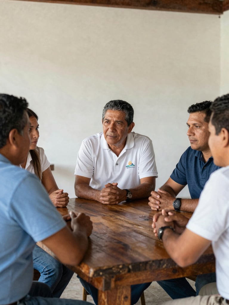 Dignified portrait of Colombian community leaders and foundation directors meeting around a rustic wooden table, natural daylight, warm tones, documentary style