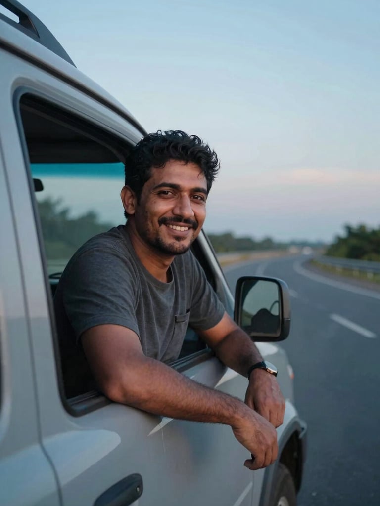 A professional, approachable portrait of Majlan, a driver in his late 30s, smiling warmly next to his vehicle during golden hour, natural highway lighting, authentic travel photography style.