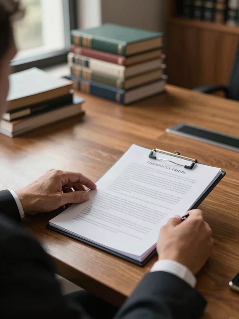 Over-shoulder view of an attorney seated at a wide wooden desk, hands resting on an open case file, natural window light from the left illuminating the pages, stacks of bound legal volumes blurred in the background, no face visible, editorial calm