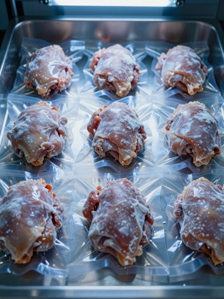 Close-up overhead shot of vacuum-sealed frozen chicken portions in clear plastic packaging, arranged in tight sequence on a stainless steel processing surface under cold overhead facility lighting, deep-saturated blues and silvers, no hands visible