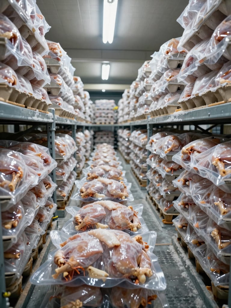 Wide-angle interior of a refrigerated cold-storage warehouse, rows of stacked vacuum-packed frozen chicken cartons receding into depth under harsh overhead fluorescent lighting, frost-covered metal racking, no people, deep shadows at far end