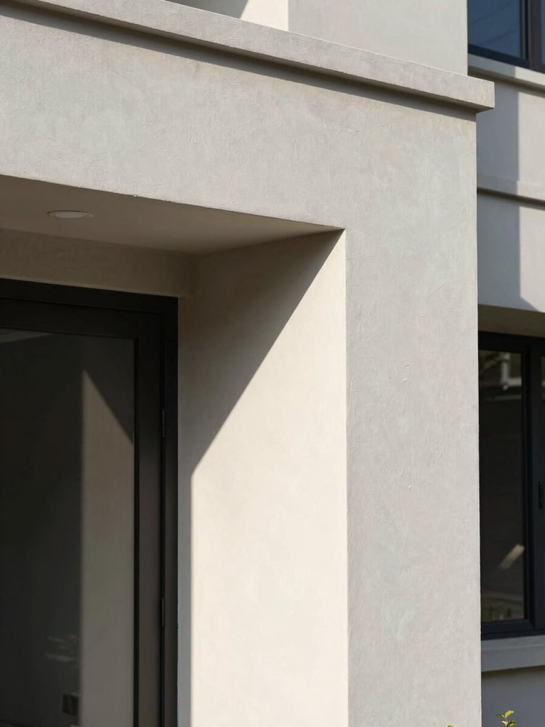 Close-up of a completed residential building entry facade in full daylight, clean plastered wall surface with recessed door frame, architectural shadow lines, no people, sharp detail, natural light