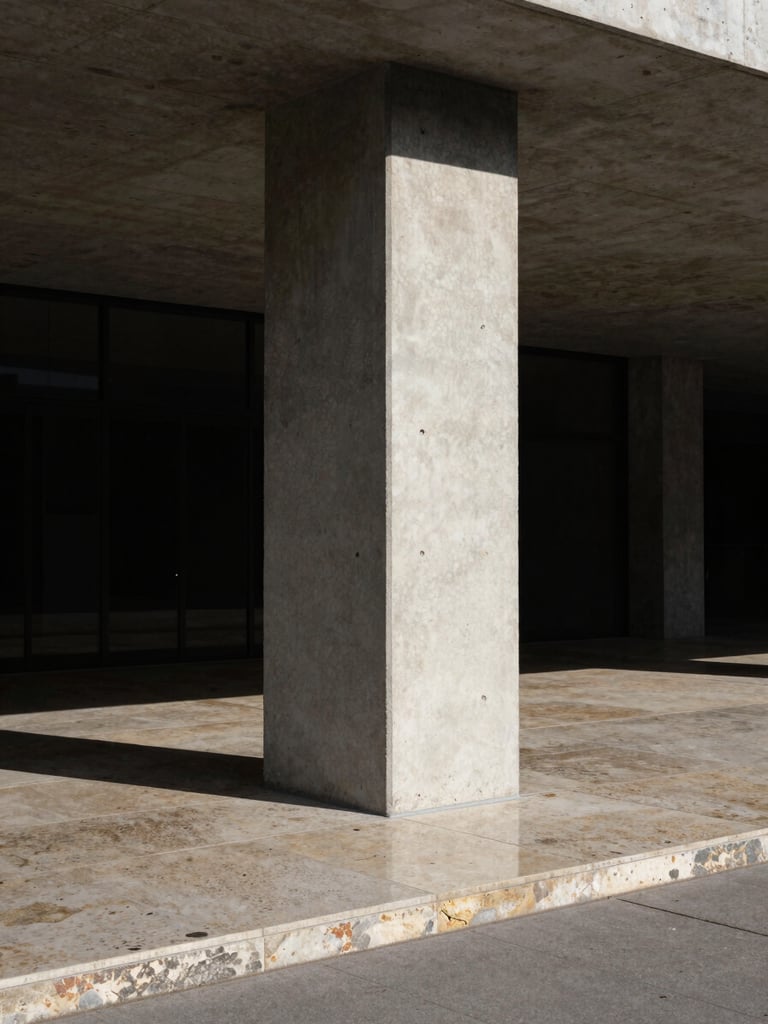Close architectural detail of a completed building entry — poured concrete column meeting a polished stone threshold, natural daylight casting hard geometric shadows, no people, wide vertical framing showing structural depth
