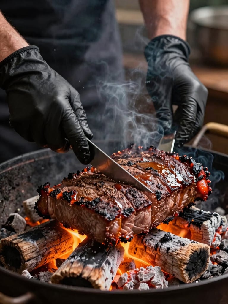 Close-up framing of a cook's gloved hands tending thick slabs of brisket over glowing hardwood coals on an open grill, warm orange firelight catching the bark crust, dark smoky atmosphere, shallow depth of field