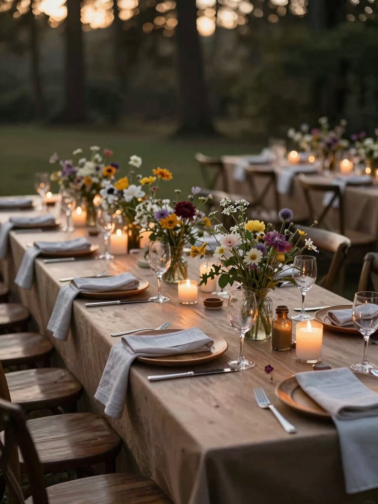 Wide environmental shot of a fully dressed outdoor reception table at golden hour, linen napkins, flickering candles, wooden charger plates, and wildflower arrangements, warm dusk light raking across the tabletop, forest tree line softly blurred in the background
