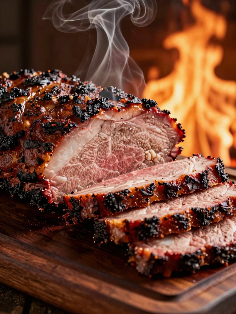 Extreme close-up of thick-cut smoked brisket slices fanned on a dark wooden board, deep mahogany bark visible, warm firelight raking across the meat surface from the right side, wisps of smoke curling in the amber-lit background