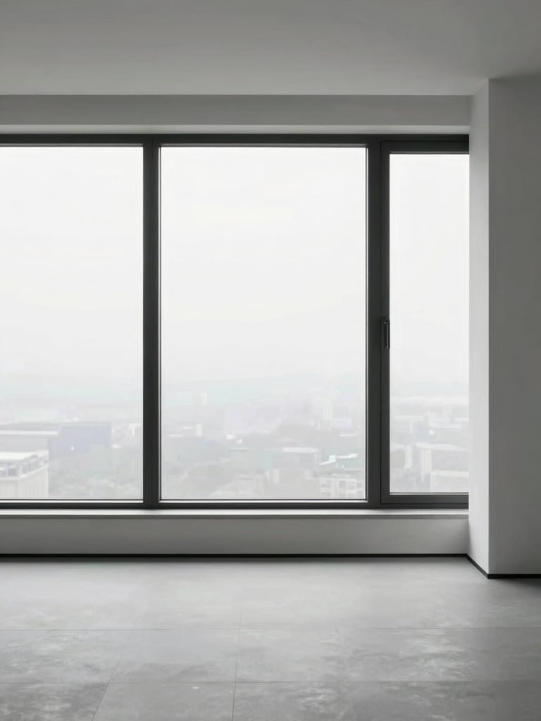 Minimalist interior of a high-end residential apartment, clean lines, large windows, soft natural overcast daylight, desaturated cool tones, sharp focus, 35mm lens.