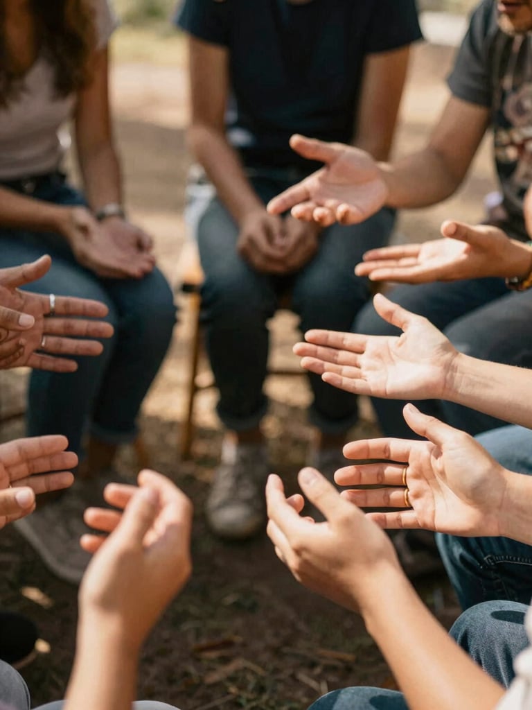Close-up of diverse hands gesturing naturally during a workshop circle, warm natural daylight, shallow depth of field, 35mm film style.