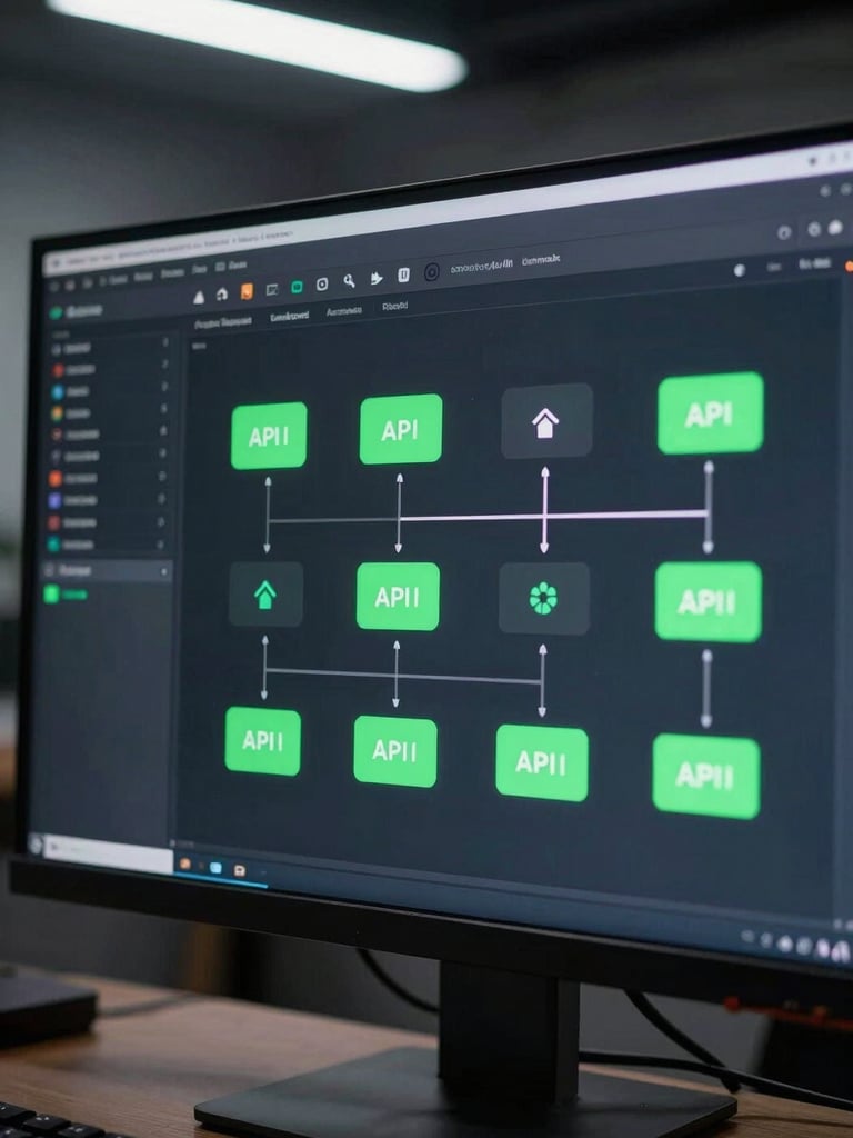 Close-up of a dark-mode operational dashboard on a wide monitor, showing automation flow nodes and API connection status indicators with neon-green accent highlights, cool studio lighting from above, no visible person