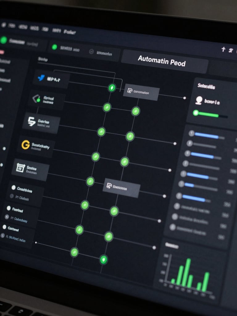 Close-up of a dark-mode dashboard interface showing automation flow logic — connected node graph with green status indicators, message routing paths, API call counters, and throughput metrics displayed on a near-black UI panel, cool technical render lighting, flat-lay framing with high contrast
