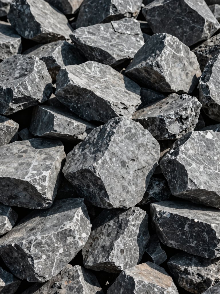 Close-up portrait shot of sharp gray split stone pile at an industrial quarry, hard natural daylight casting deep shadows, raw texture visible