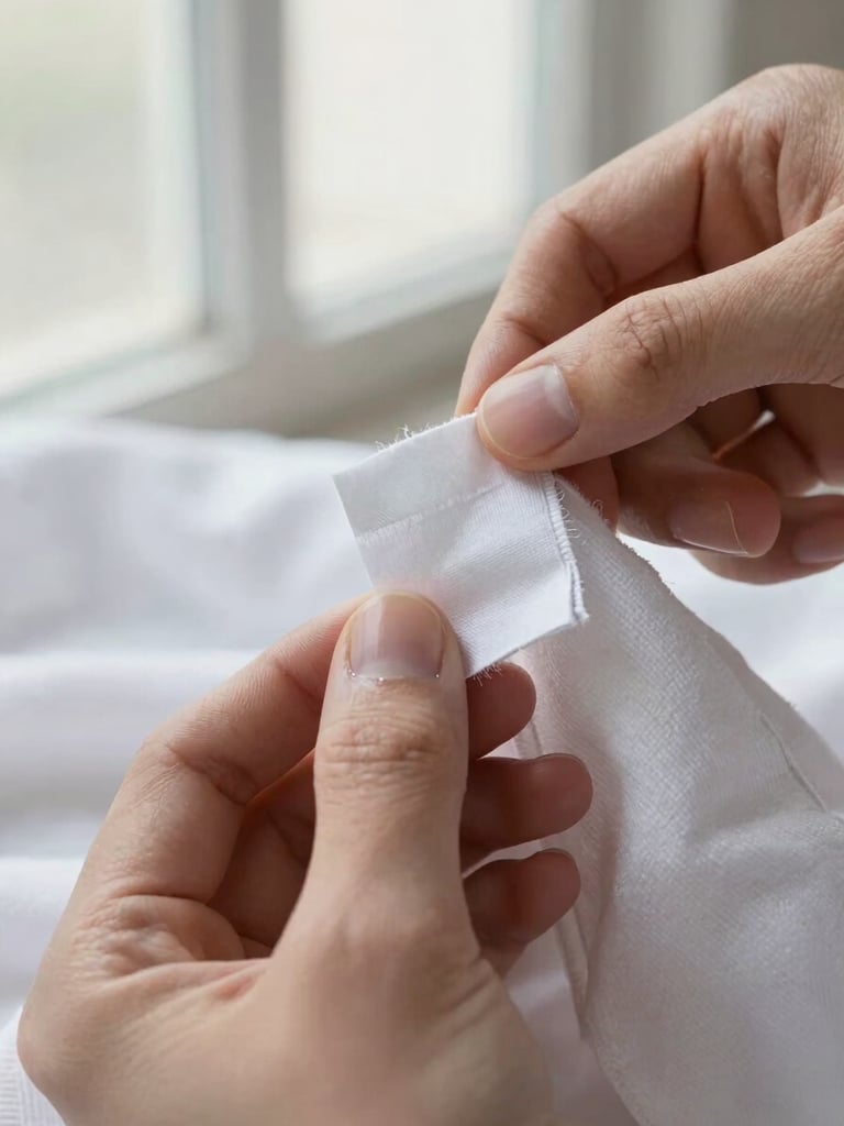 Extreme close-up of a care label being read by a pair of hands under bright natural window light, cotton fabric texture visible in the background, crisp and documentary in feel
