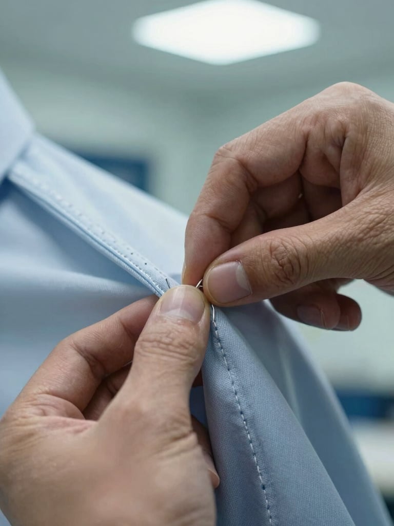 Extreme close-up of hands inspecting a garment seam under bright overhead daylight, fingers pulling fabric taut to check stitch quality, thread detail sharp against a light institutional blue background