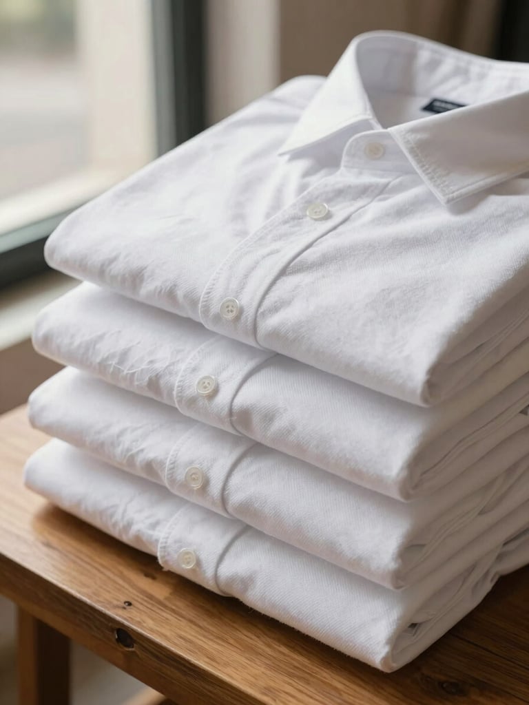 Extreme close-up of neatly folded cotton shirts stacked on a wooden table, bright natural light from a storefront window to the left, crisp fabric texture visible in the weave, a care tag visible on the top garment