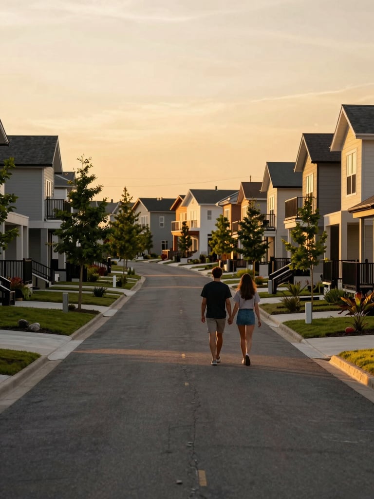 Wide landscape shot, couple walking hand-in-hand along a paved street of a new residential neighborhood at golden hour, warm amber light stretching across the road, finished homes with patios visible on both sides, trees lining the street, shot from slightly behind the couple to show the community ahead of them