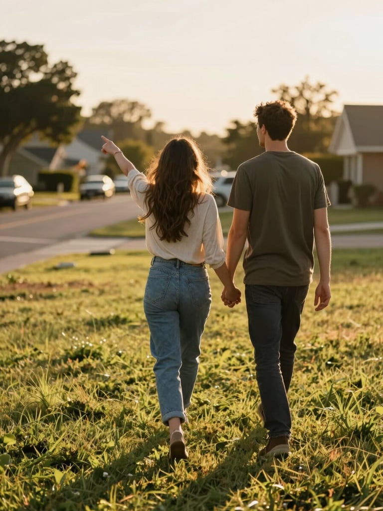 Medium shot of a couple walking hand in hand across a grassy lot at golden hour, the woman pointing toward the horizon, warm sunlight casting long shadows, a neighborhood street visible in the soft background