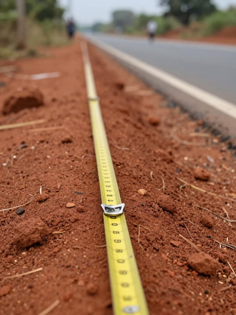 Close-up of a plot boundary marker on red laterite soil, a surveyor's measuring tape running along the edge toward a road, natural daylight, shallow depth of field, Andhra Pradesh rural-urban fringe context visible in the background