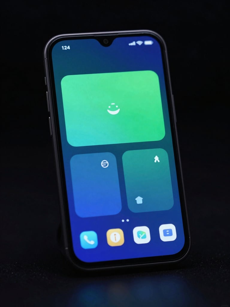 Sleek tech product photography of a custom Android home screen, vibrant blue and green UI glows, macro lens, dark studio lighting
