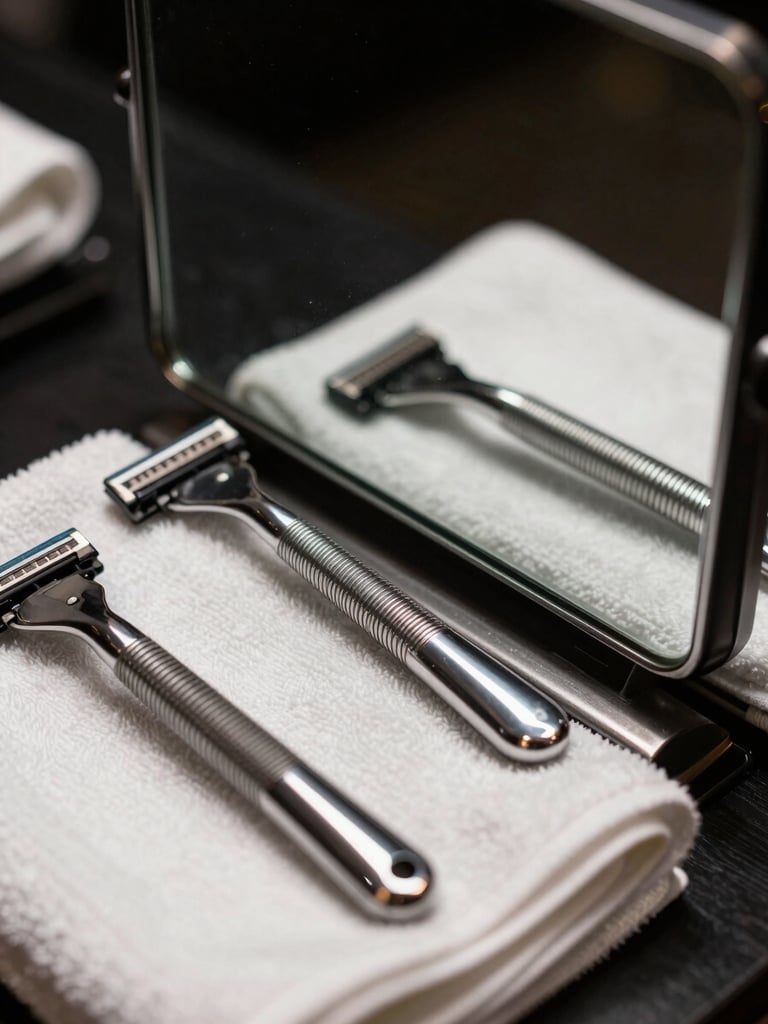 Extreme close-up of a barber station mirror reflecting razor tools and folded white towels, tungsten overhead light casting sharp shadows on polished chrome, moody and precise, shot like a commercial still