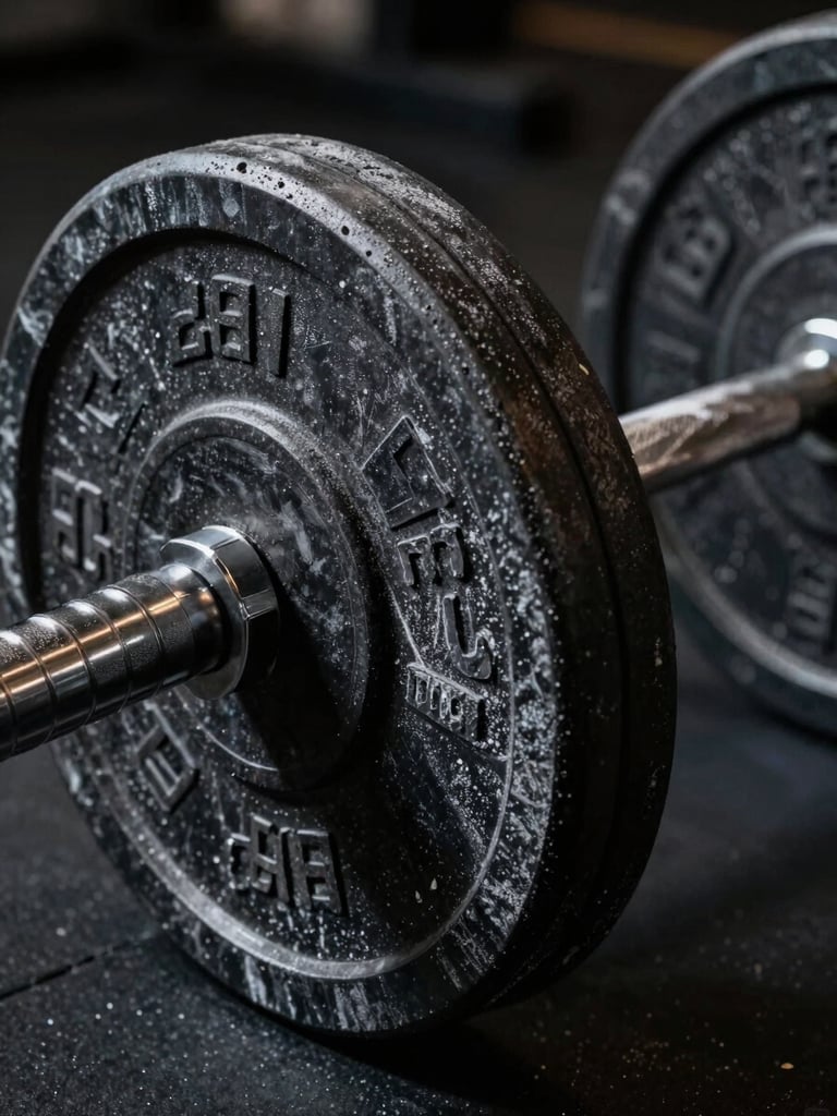 Extreme close-up of a chalk-dusted barbell knurl and iron plates in a dark gym, tungsten rim light catching the texture of the metal, deep shadow behind, no people — commercial still detail shot