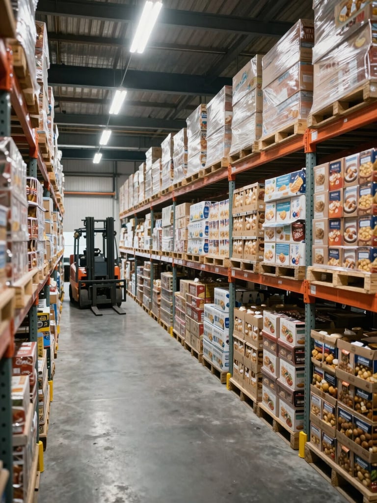Wide environmental shot of an organized industrial warehouse, shelving units filled with uniformly stacked food product cartons under bright overhead fluorescent fixtures, a forklift visible in the far aisle, clean concrete floor, no people, overhead perspective slightly elevated