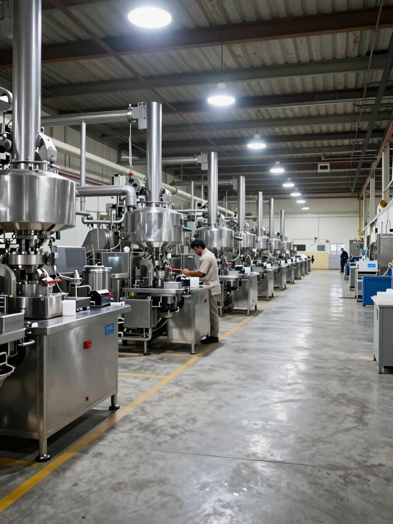Wide environmental shot of a large Egyptian food manufacturing plant interior, overhead industrial lighting illuminating rows of production equipment and stainless steel processing lines, a worker in uniform performing a quality check at a control station in the mid-left frame, clean concrete floor extending into depth, no people posed