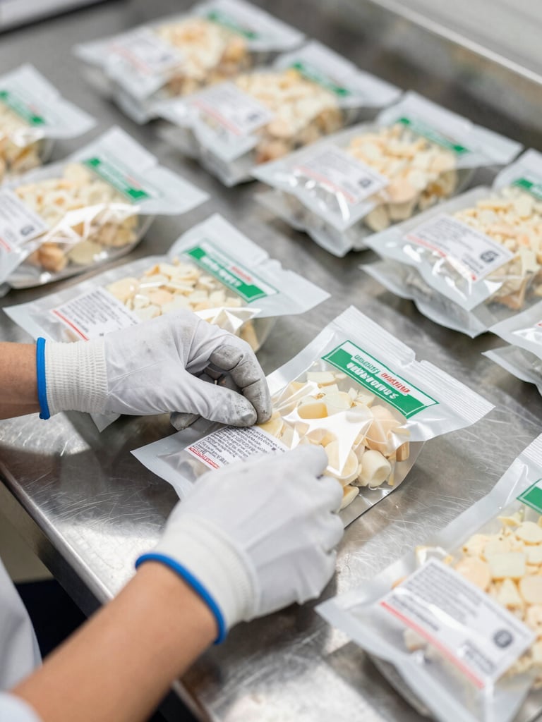 Close-up overhead shot of a worker's gloved hands performing a quality check on sealed food product packages on a stainless steel inspection table, bright even industrial overhead lighting, organized rows of identical units visible in the background
