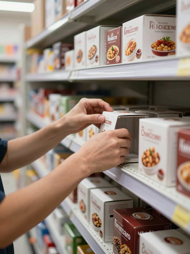 Close-up of trained staff hands methodically arranging branded food product display fixtures on a retail shelf inside a controlled distribution center — bright even overhead lighting, organized product rows, hands visible mid-task performing a precise setup action, no faces, purely operational detail