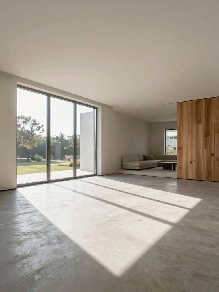 Architectural interior view of a bright open-plan living area, sunlight streaming through large minimalist windows, casting geometric shadows on microcement floor