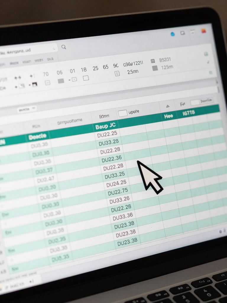 Close-up of a laptop screen showing a spreadsheet with duplicate rows highlighted in muted teal, a cursor hovering over a deduplicate button, high contrast overhead lighting, no people