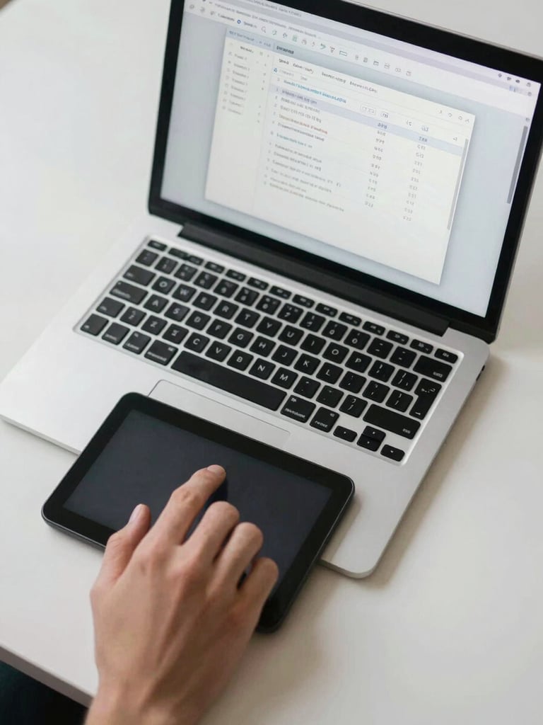Overhead wide shot of a clean desk, laptop screen showing a file export dialog with format options selected, a hand reaching toward the trackpad, bright overhead light, no clutter
