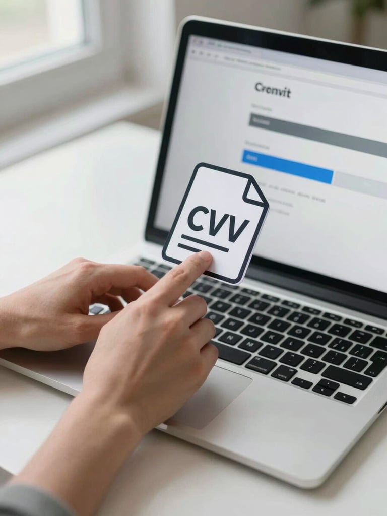 Overhead close-up of hands dragging a CSV file icon onto a laptop screen, import progress bar visible on screen, bright window light from the left, clean white desk surface