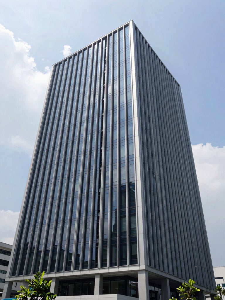 Wide architectural shot of a modern corporate headquarters in Jakarta, clean lines, bright daylight, professional corporate photography with deep navy and cool grey tones