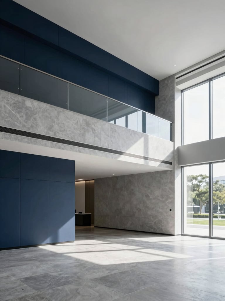A clean, bright corporate office interior with architectural lines, slate grey and navy accents, professional environment