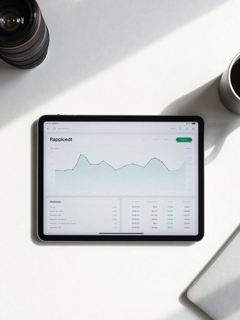 Flat-lay composition of a clean, modern workspace with a tablet showing a simplified financial dashboard, bright natural daylight, crisp cool tones.