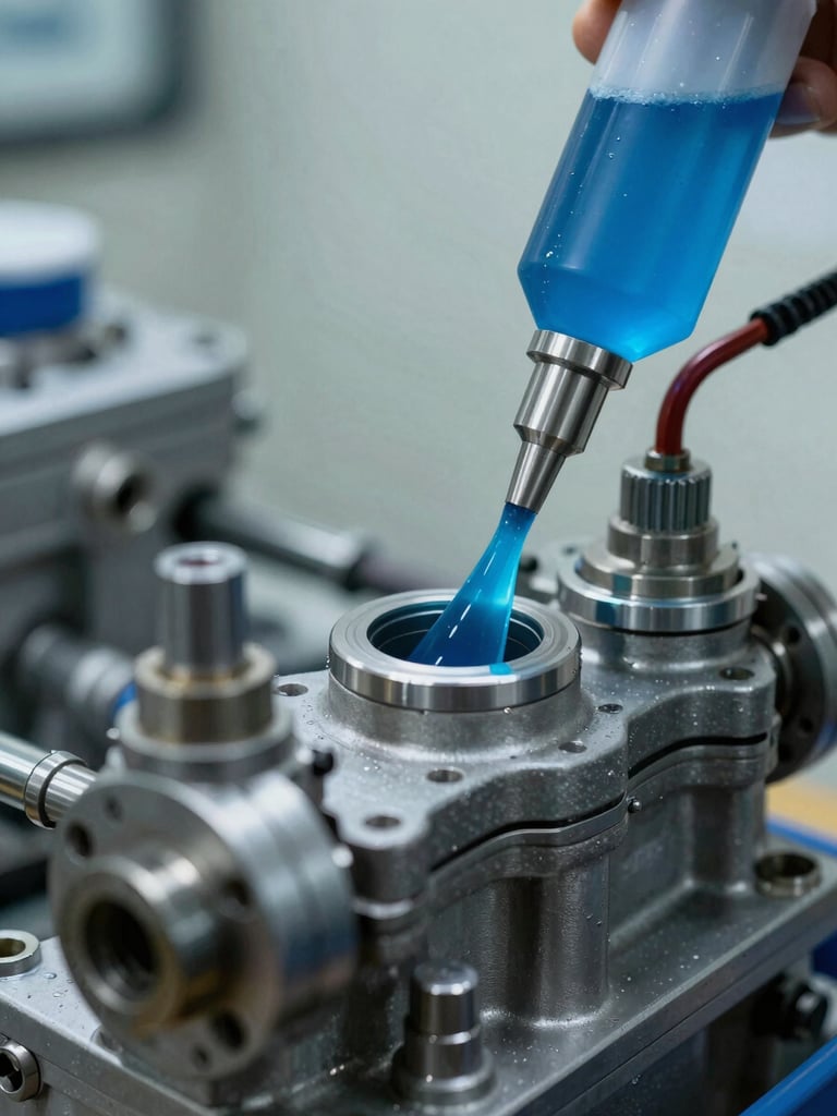 A close-up of a high-pressure marine engine valve with specialized blue-tinted synthetic lubricant being applied, cool industrial lighting.