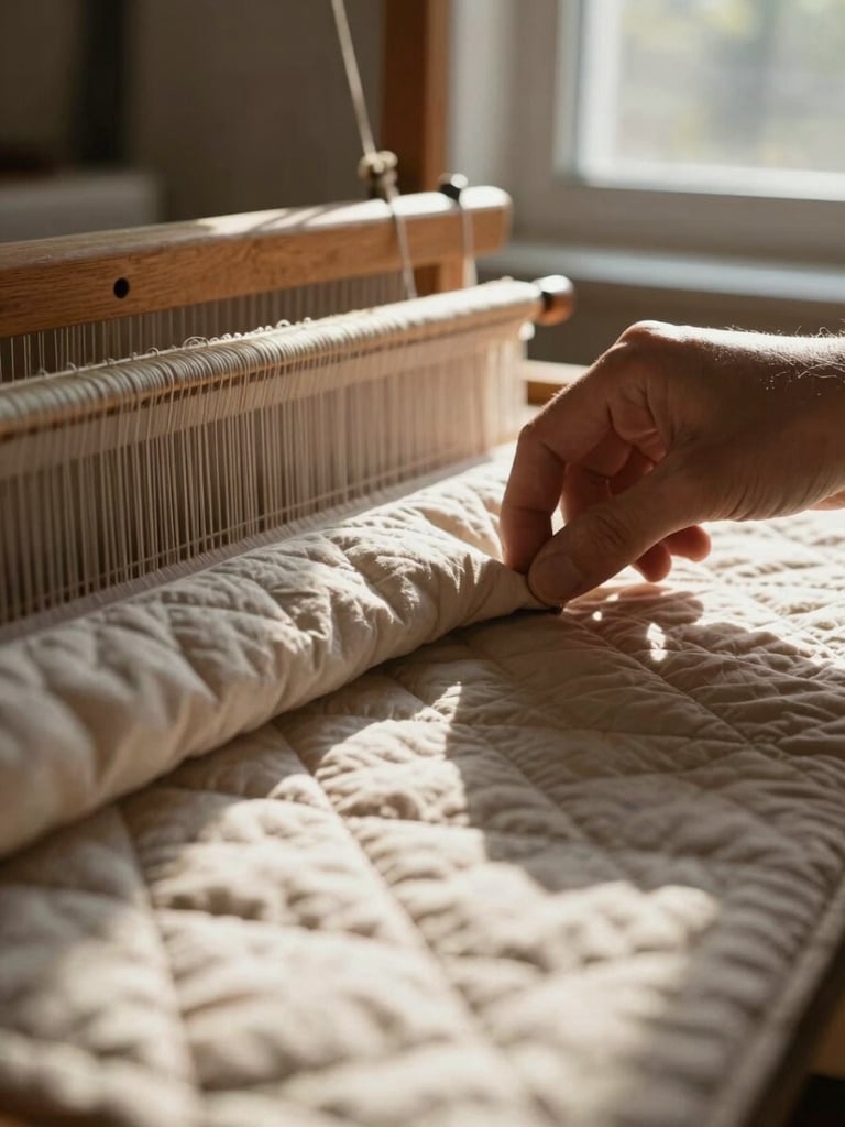 Tight macro shot of human hands adjusting a heavy-gauge quilt on a wooden loom, natural window light, deep shadows, warm tactile photography, 35mm macro lens.