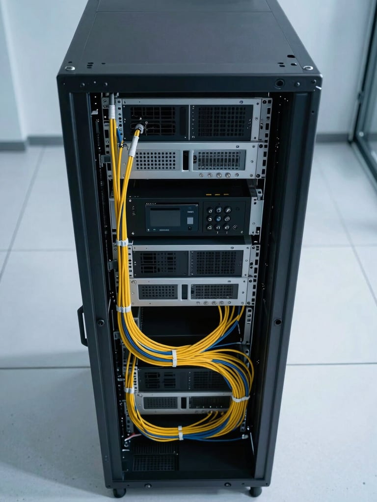 Overhead diagnostic-lab shot of a server rack interior, precise cable routing visible under cold studio strobe lighting, clean white floor beneath, no human presence — controlled infrastructure environment