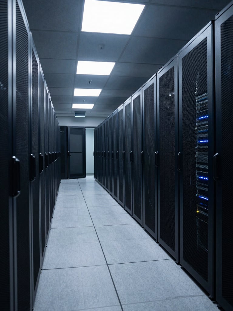 Wide shot of a darkened enterprise data center corridor, overhead diagnostic lighting casting precise blue-white beams on rows of server racks, clean lines receding into depth, no people, shot from left third of frame