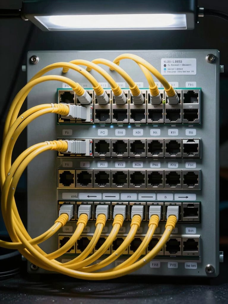 Overhead macro shot of a network switch panel, fiber optic cables precisely routed and labeled, cool studio strobe lighting from above, no ambient warmth, tight technical framing showing port-level detail