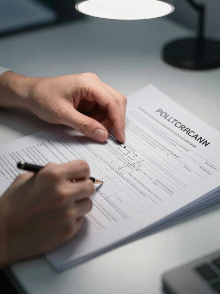 Close-up of hands reviewing printed compliance documentation on a clean desk, cool studio overhead lighting, precise framing showing annotated control sections, no faces visible, technical clinical tone