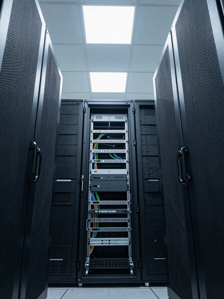 Precise overhead wide shot of a cloud infrastructure rack room, clean white overhead strobes illuminating cable management panels and blank-face servers, no people, cool clinical lighting, geometric symmetry