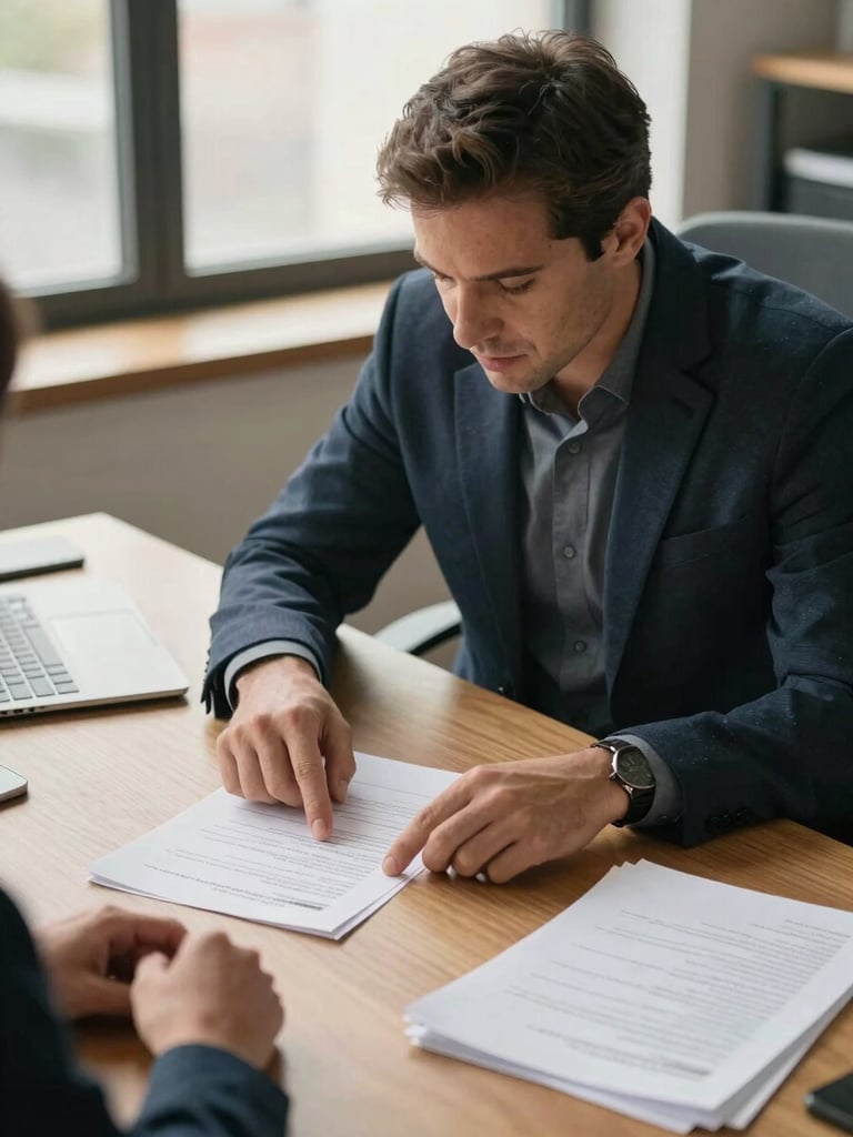 Medium shot from across a desk — an advisor leaning forward pointing to a line on a printed policy document, a client's hands resting on the table, warm north-facing window light, office environment with papers and a laptop visible